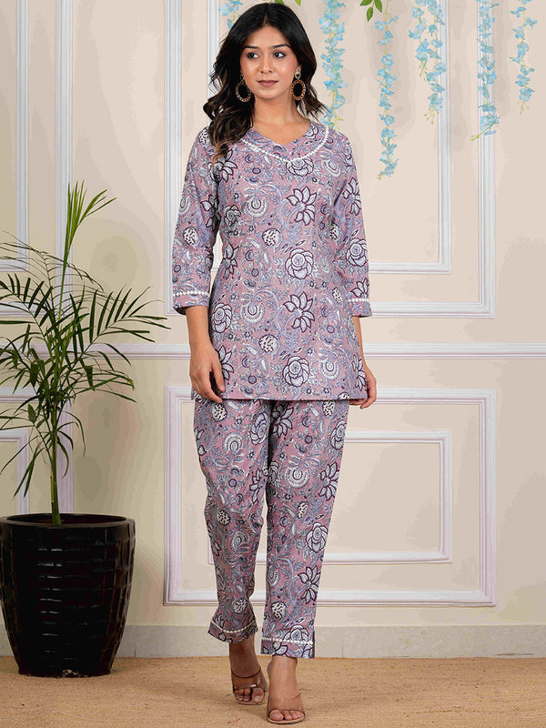 RAJPUTANA CAMISA Printed Pure Cotton Top With Trousers Lavender