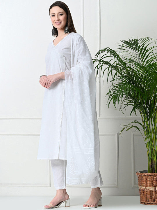 Rajputana Camisa V-Neck Lace Angrakha Pure Cotton Kurta Set – photo 2