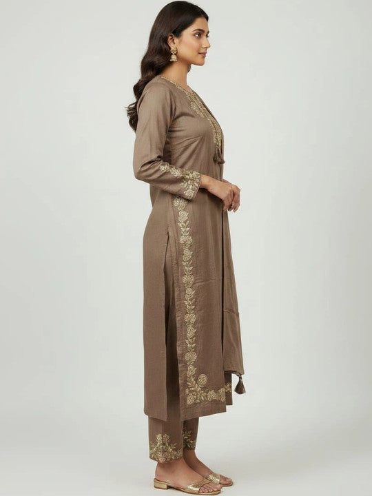 Rajputana Camisa Embroidered Thread Work Pure Cotton Kurta Set Brown