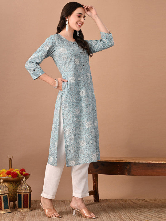 Rajputana Camisa Floral Printed Round Neck Cotton Straight Kurta – photo 3