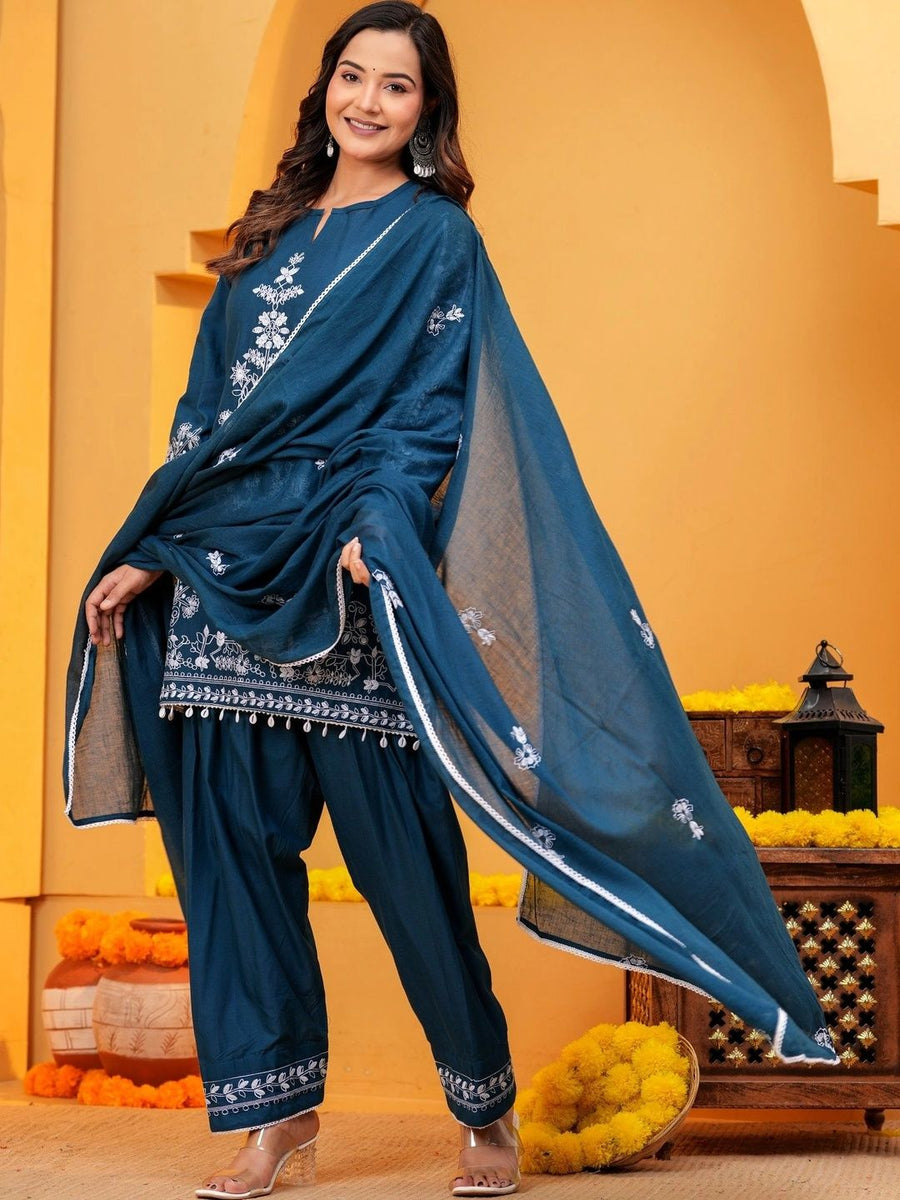 Blue embroidered kurta set, back view