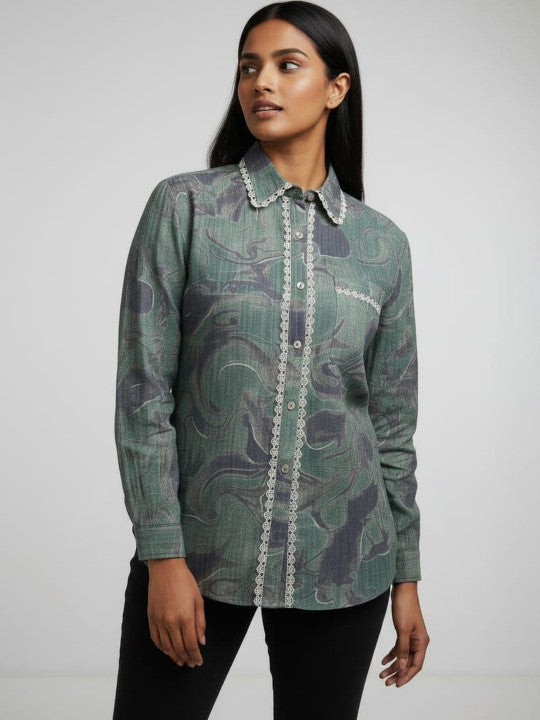 RAJPUTANA CAMISA Women Green Abstract Printed Casual Shirt