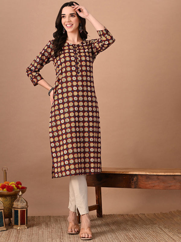 Rajputana Camisa Floral Printed Round Neck Cotton Straight Kurta