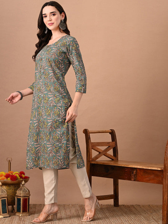RAJPUTANA CAMISA Floral Printed Round Neck Cotton Straight Kurta – photo 4