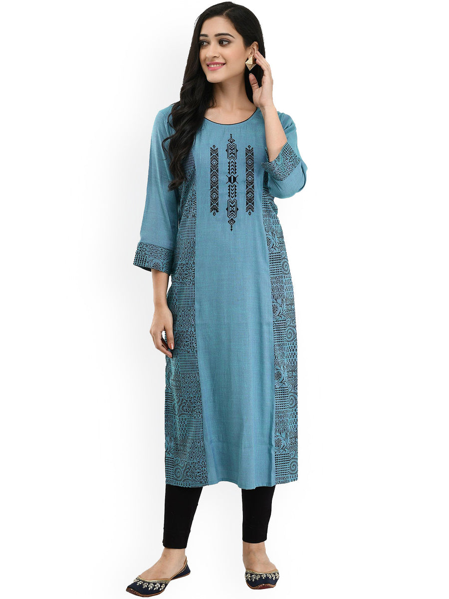 RAJPUTANA CAMISA Geometric Embroidered Straight Kurta Blue Black