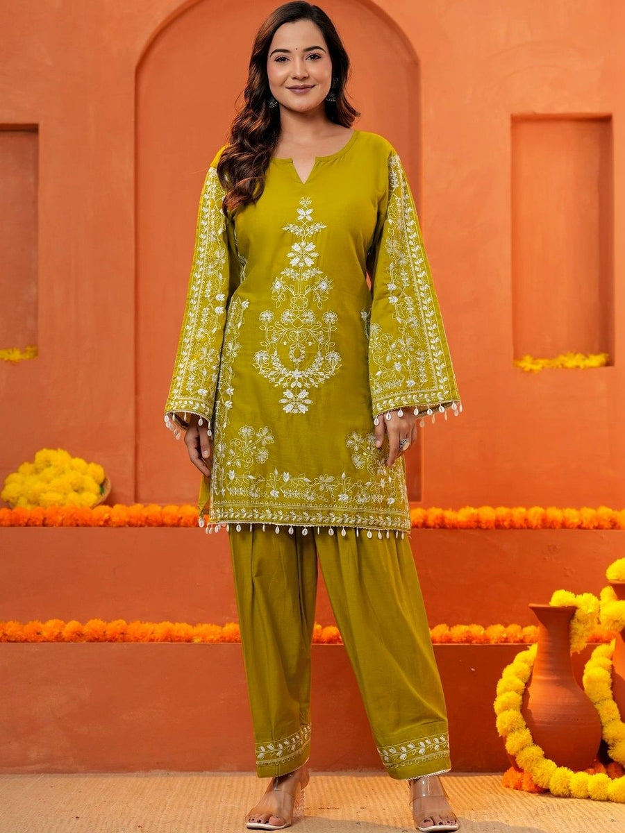 Green embroidered kurta set, side view
