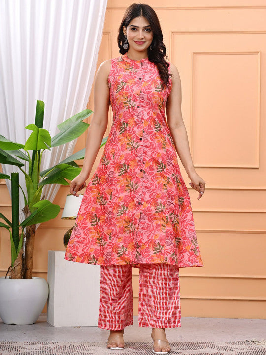 Rajputana Camisa Floral Printed Mandarin Collar Cotton Kurta Set – photo 4