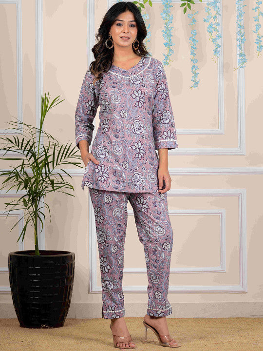 RAJPUTANA CAMISA Printed Pure Cotton Top With Trousers Lavender – photo 3