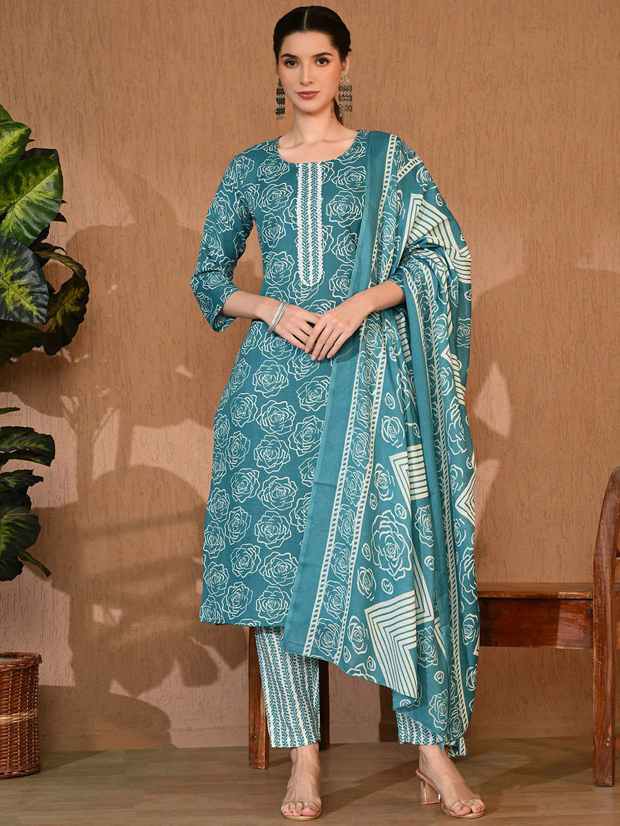 Rajputana Camisa Floral Printed Straight Kurta With Trouser And Dupatta