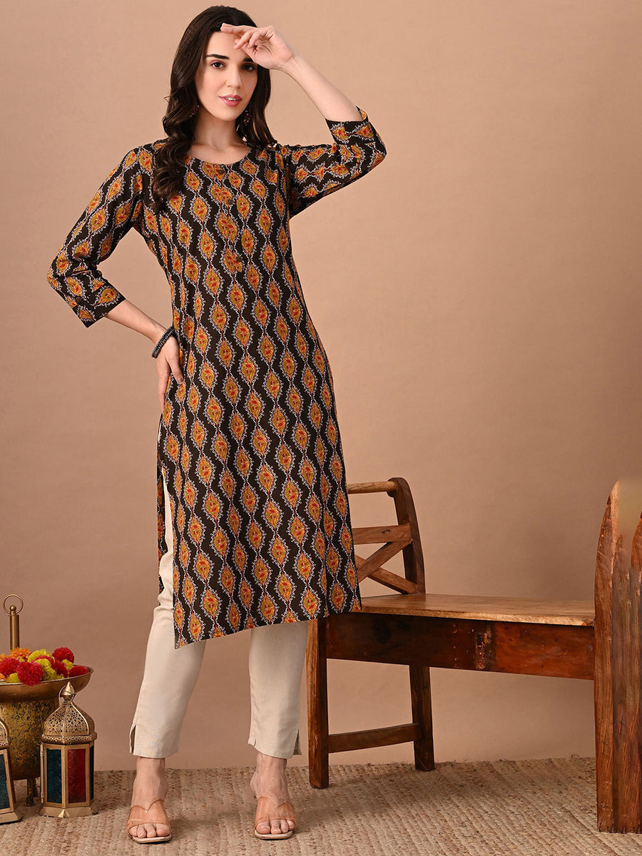 Rajputana Camisa Floral Printed Round Neck Cotton Straight Kurta