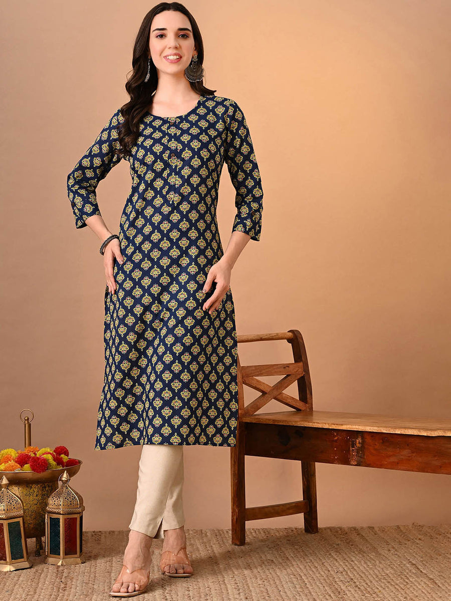 RAJPUTANA CAMISA Ethnic Motifs Printed Round Neck Cotton Straight Kurta