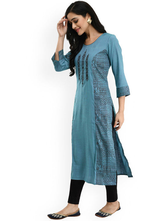 RAJPUTANA CAMISA Geometric Embroidered Straight Kurta Blue Black – photo 4