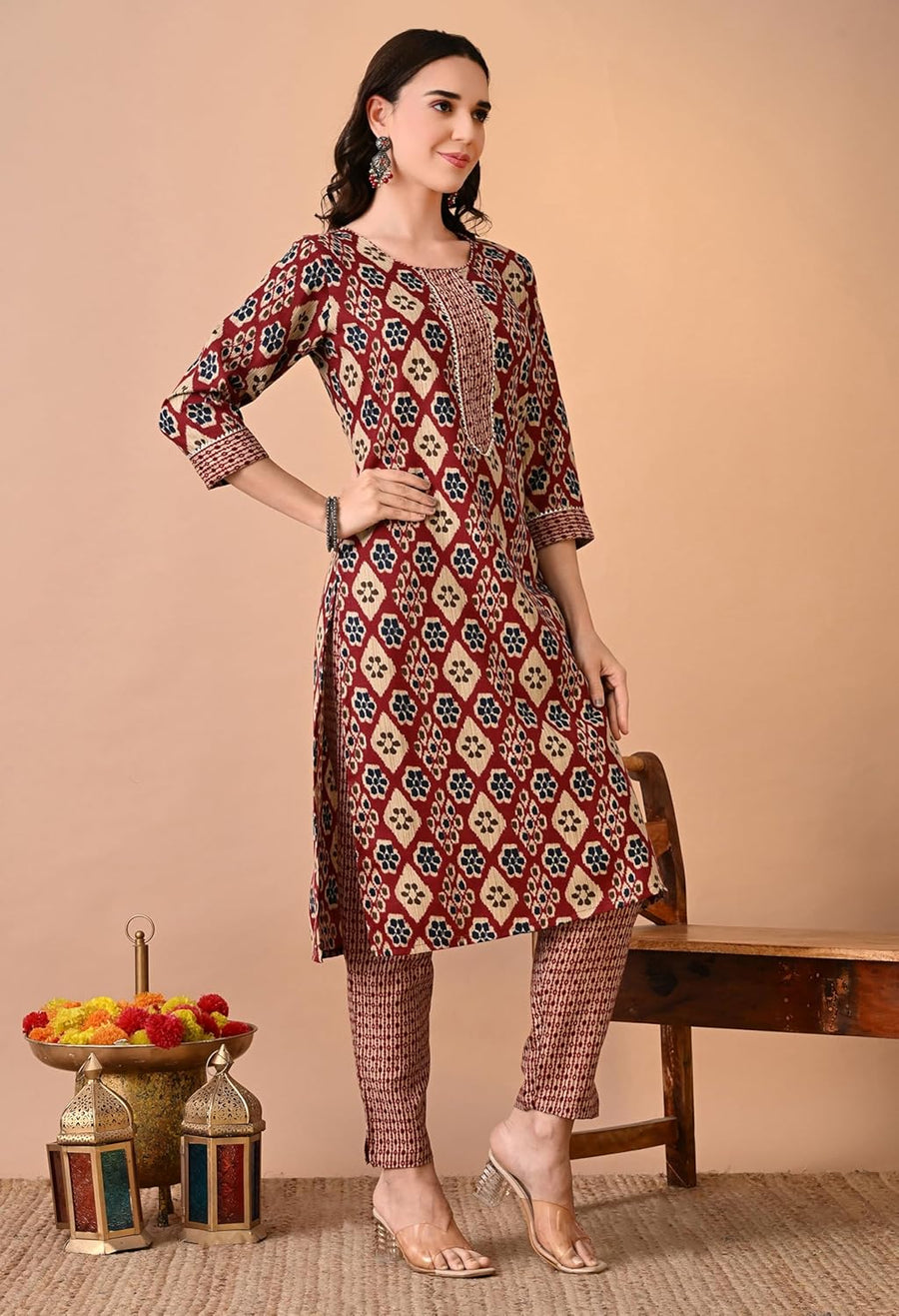 Rajputana Camisa Women's Cotton Blend Maroon Kurta Pant Set – photo 3
