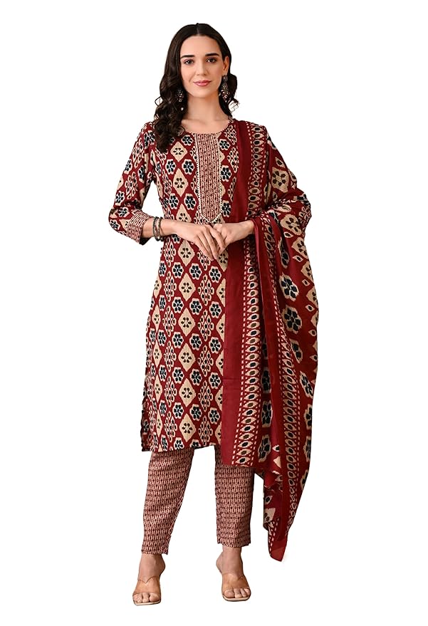 Rajputana Camisa Women's Cotton Blend Maroon Kurta Pant Set – photo 8