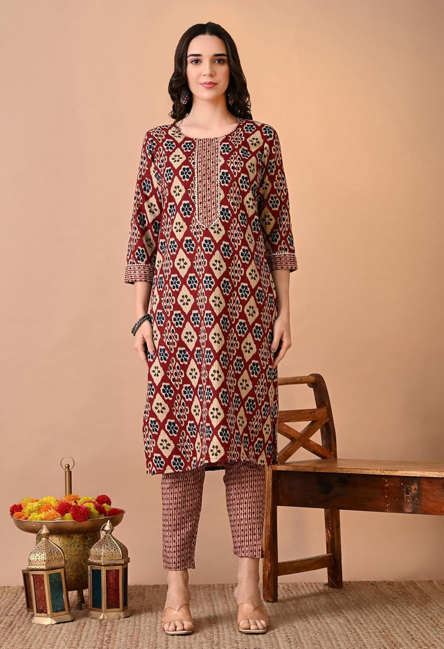 Rajputana Camisa Women's Cotton Blend Maroon Kurta Pant Set – photo 4