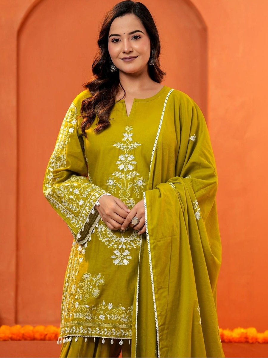 Green embroidered kurta set, styled look