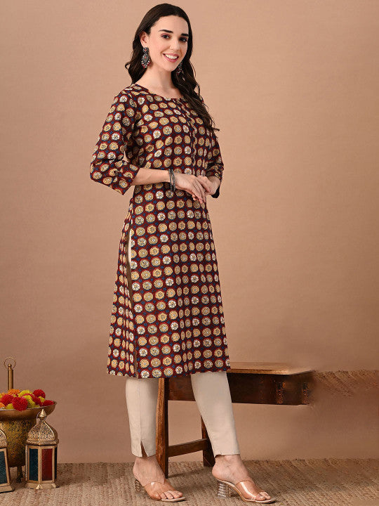 Rajputana Camisa Floral Printed Round Neck Cotton Straight Kurta – photo 3