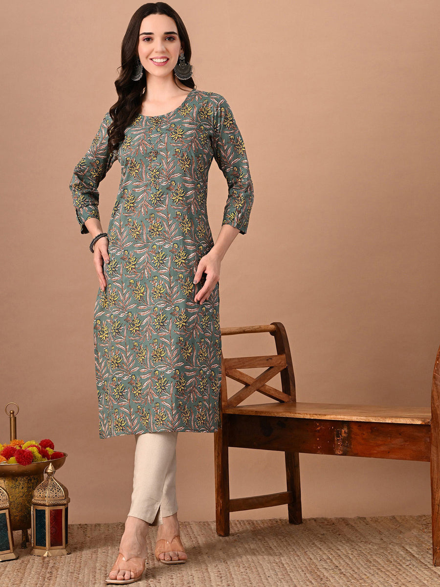 RAJPUTANA CAMISA Floral Printed Round Neck Cotton Straight Kurta