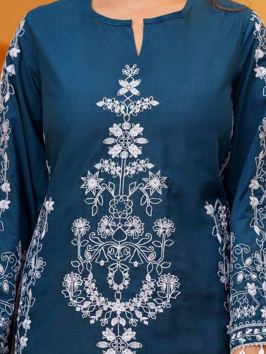 Blue embroidered kurta set, dupatta detail