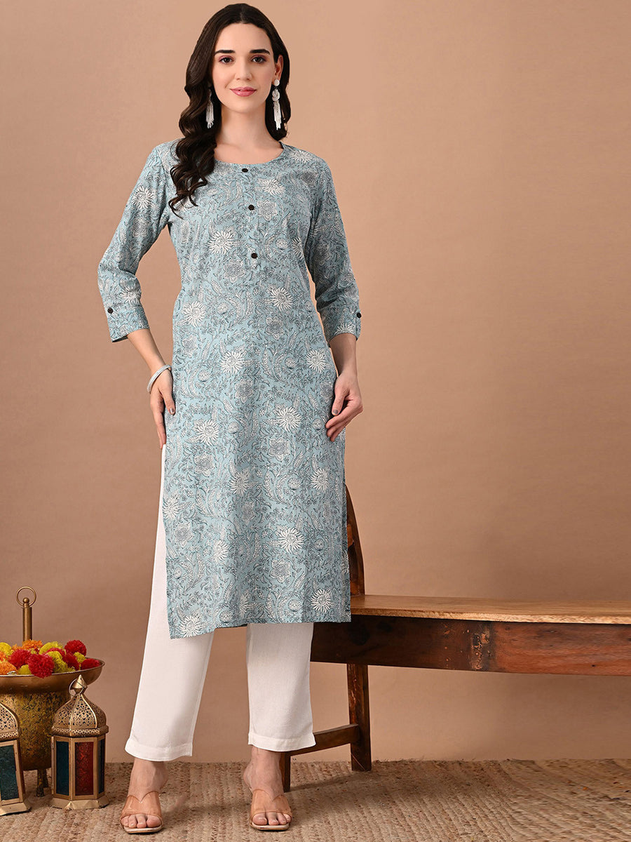 Rajputana Camisa Floral Printed Round Neck Cotton Straight Kurta