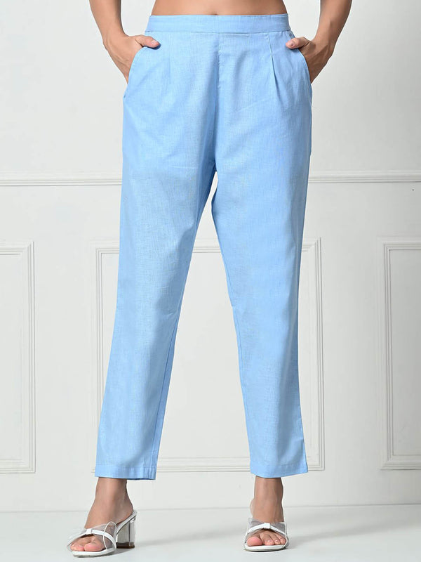 RAJPUTANA CAMISA Women Mid Rise Trousers Blue Linen Regular Fit