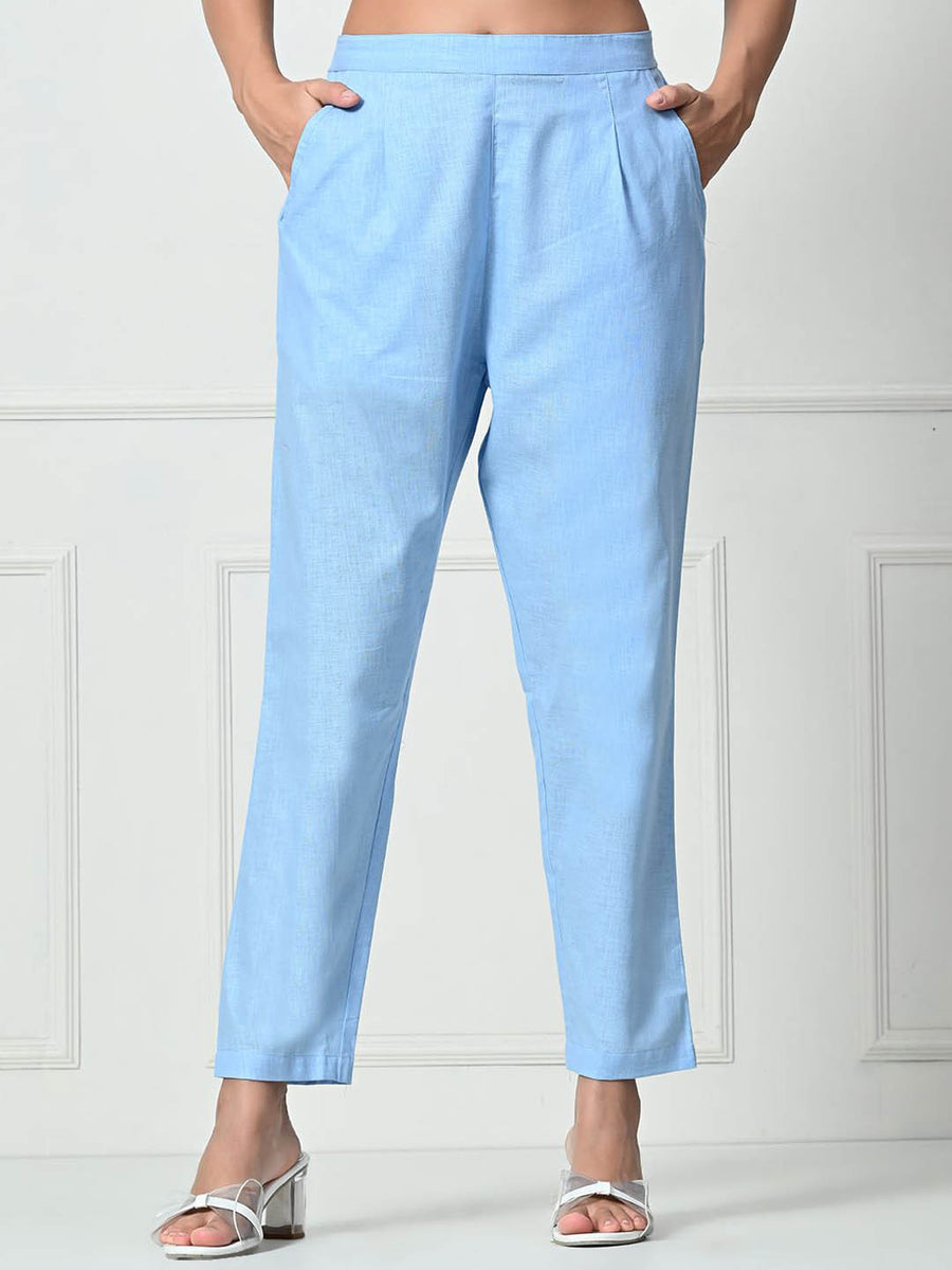 RAJPUTANA CAMISA Women Mid Rise Trousers Blue Linen Regular Fit