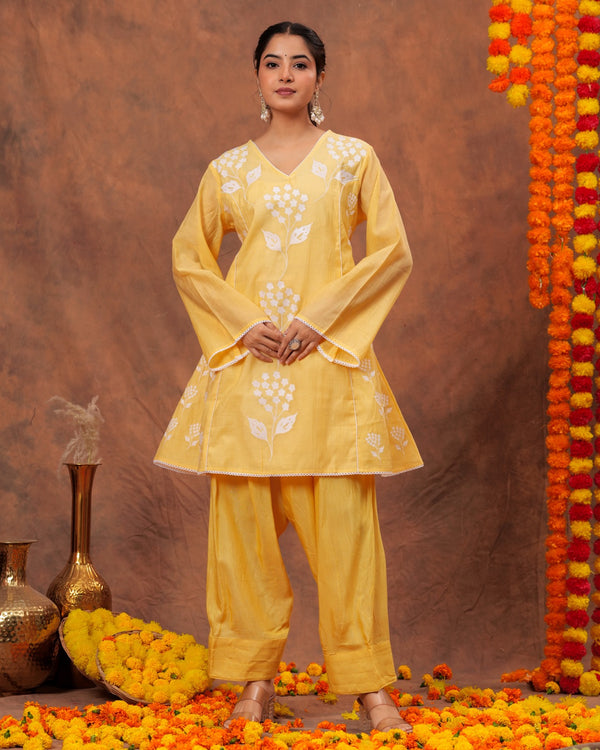 RAJPUTANA CAMISA Women Embroidered Pure Cotton Kurta Palazzo Dupatta Set - Yellow