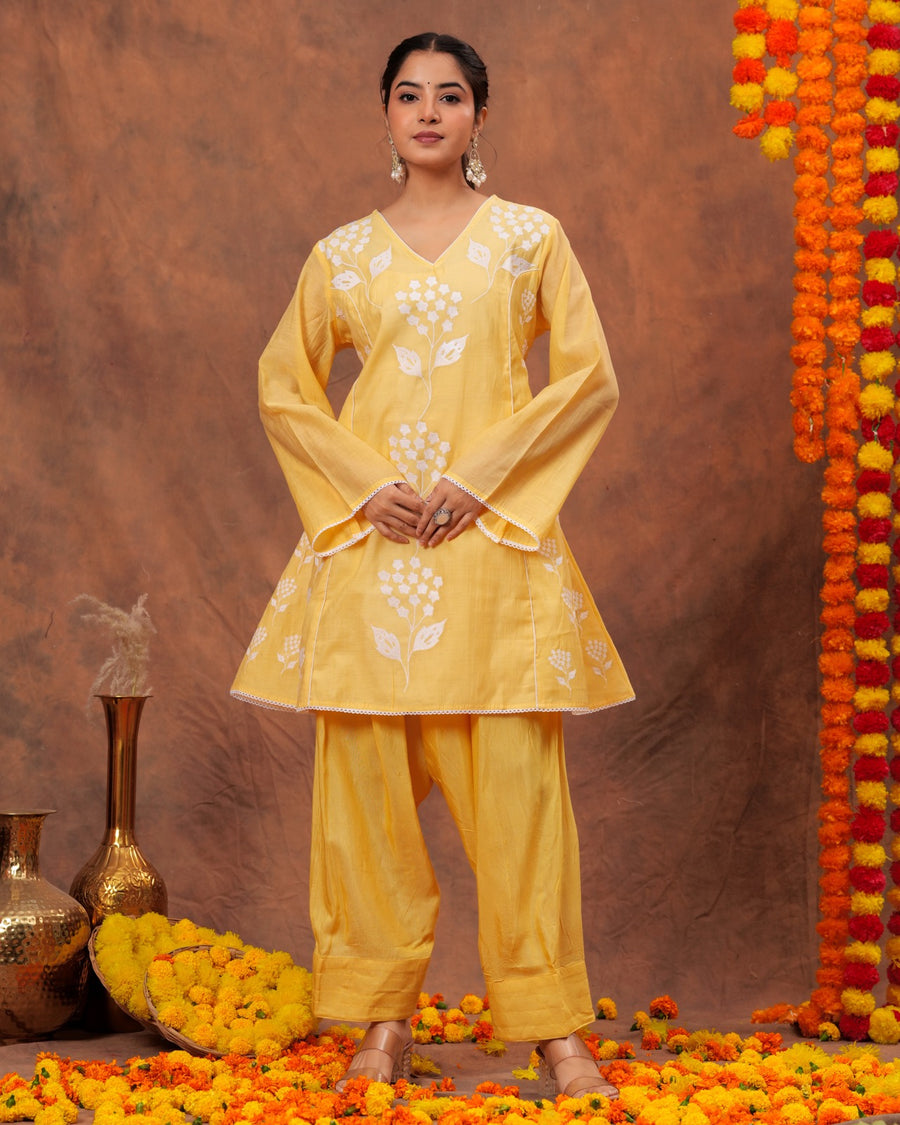 RAJPUTANA CAMISA Women Embroidered Pure Cotton Kurta Palazzo Dupatta Set - Yellow