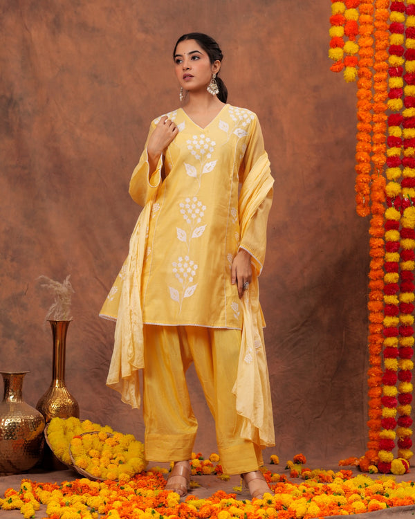 RAJPUTANA CAMISA Women Embroidered Pure Cotton Kurta Palazzo Dupatta Set - Yellow