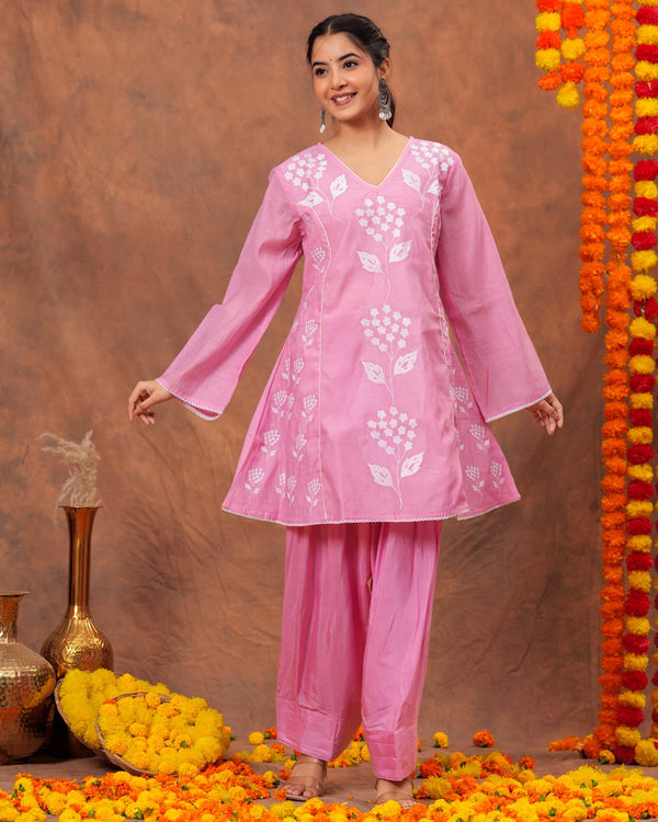 RAJPUTANA CAMISA Women Embroidered Pure Cotton Kurta Palazzo Dupatta Set - Pink