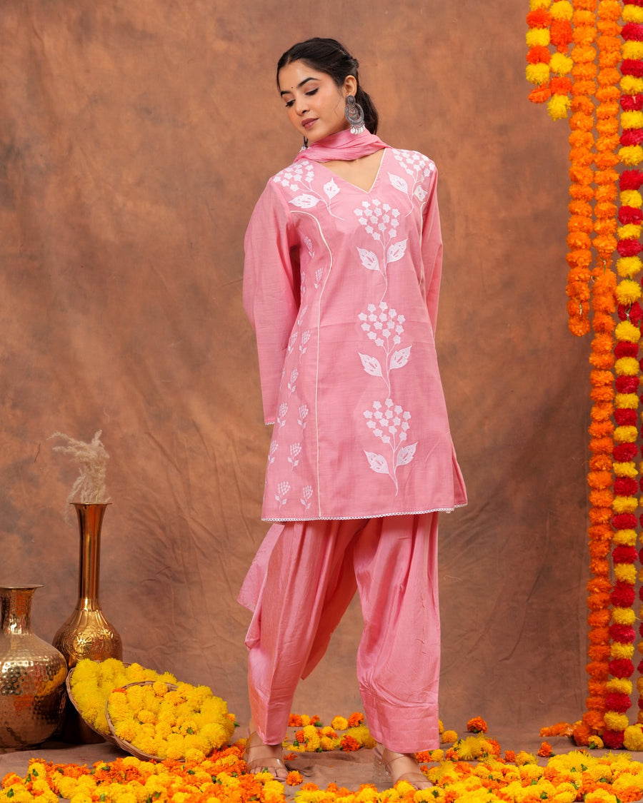 RAJPUTANA CAMISA Women Embroidered Pure Cotton Kurta Palazzo Dupatta Set - Peach