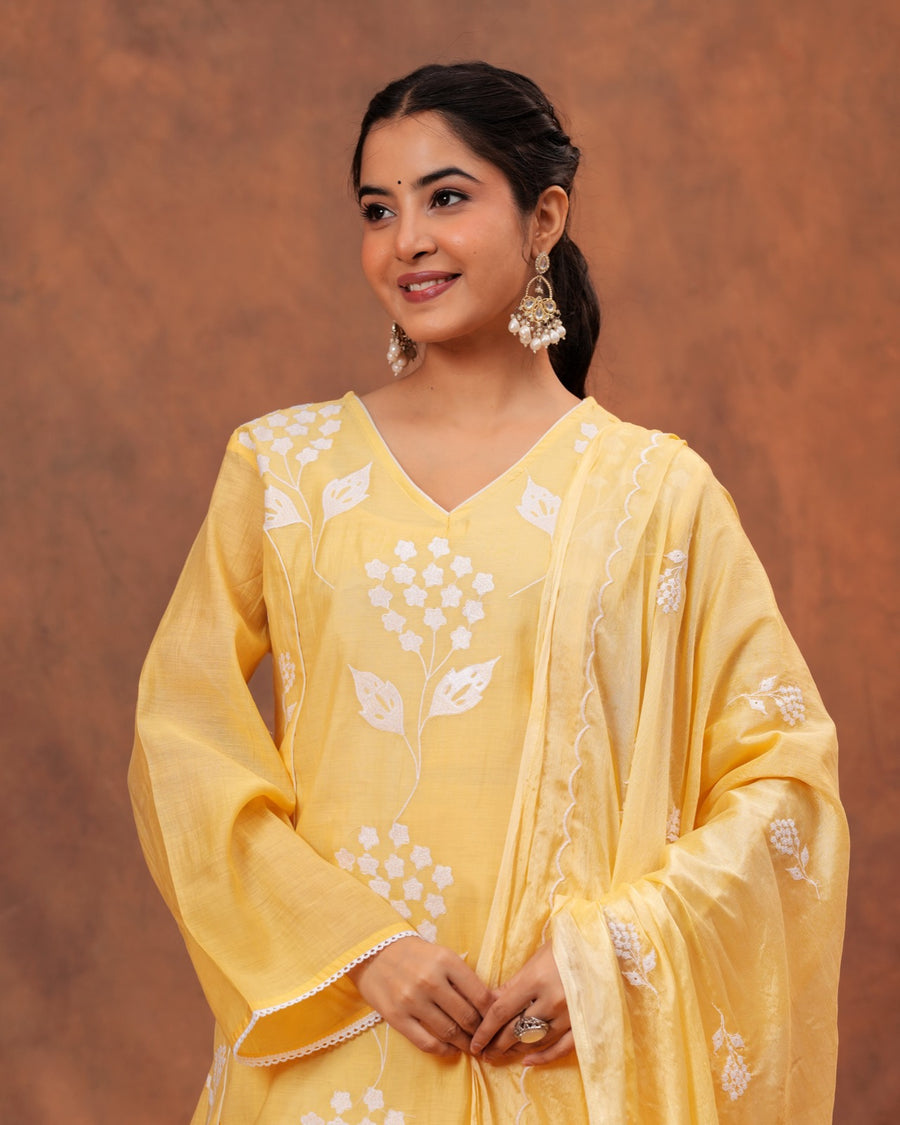 RAJPUTANA CAMISA Women Embroidered Pure Cotton Kurta Palazzo Dupatta Set - Yellow