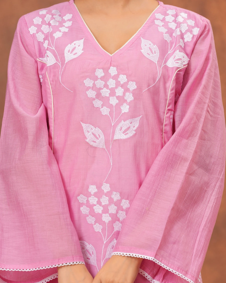 RAJPUTANA CAMISA Women Embroidered Pure Cotton Kurta Palazzo Dupatta Set - Pink