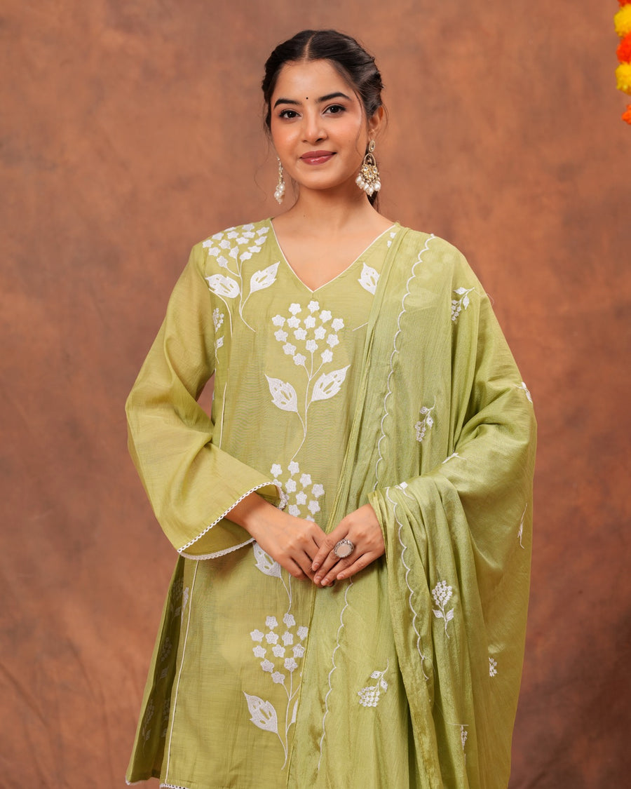 RAJPUTANA CAMISA Women Embroidered Pure Cotton Kurta Palazzo Dupatta Set - Green