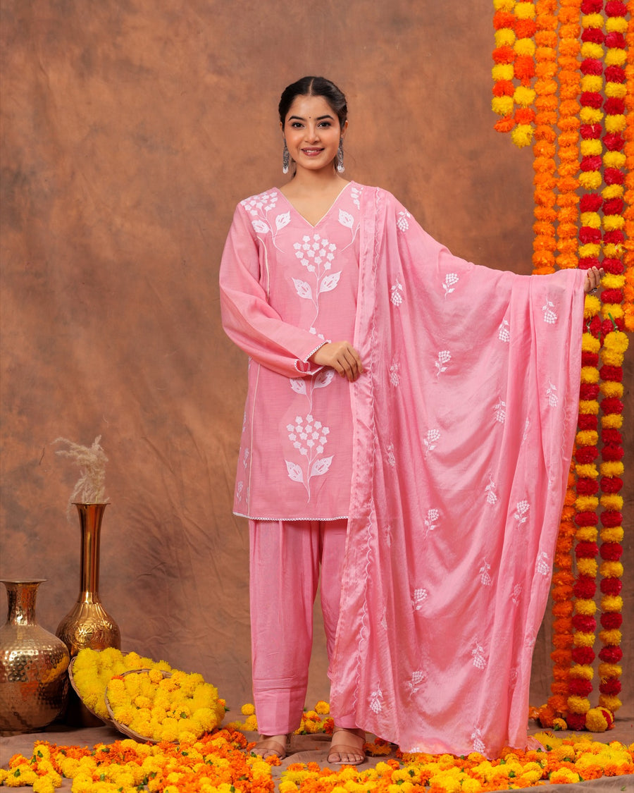 RAJPUTANA CAMISA Women Embroidered Pure Cotton Kurta Palazzo Dupatta Set - Peach