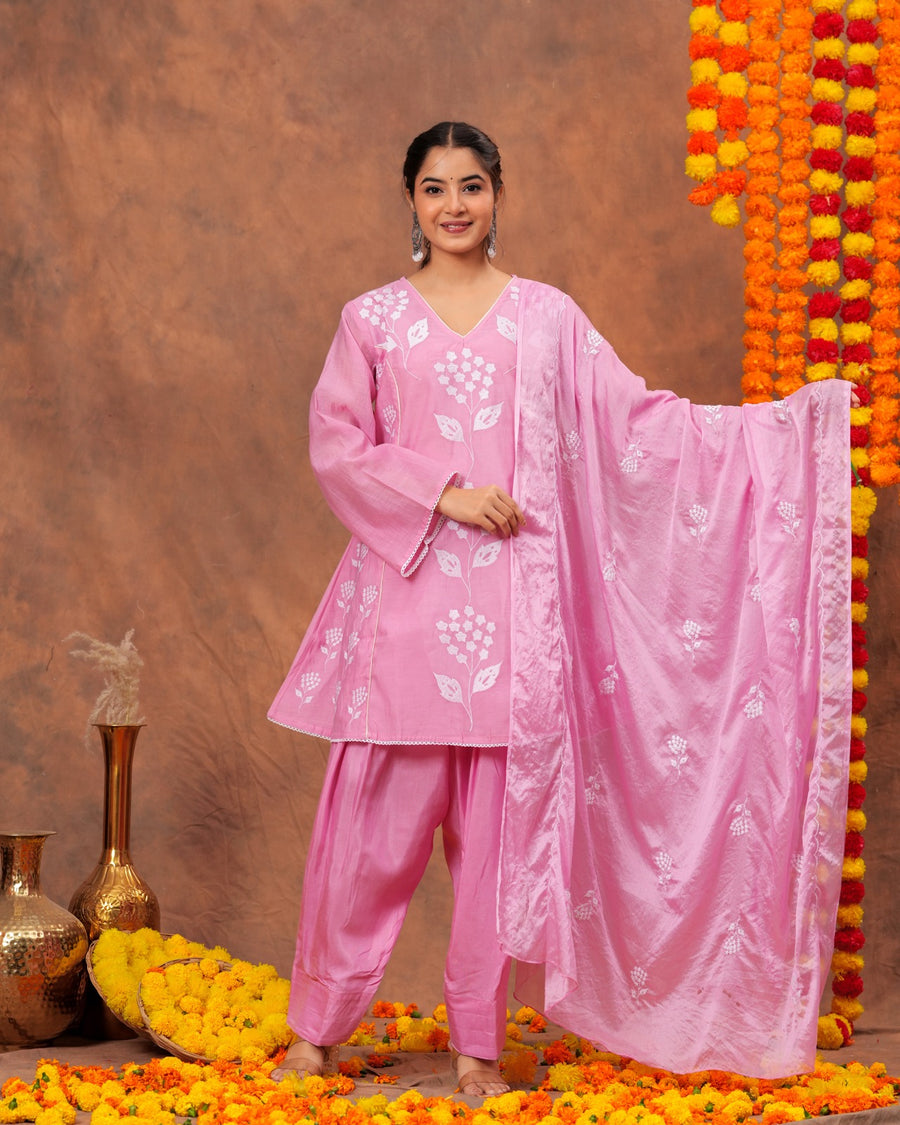 RAJPUTANA CAMISA Women Embroidered Pure Cotton Kurta Palazzo Dupatta Set - Pink