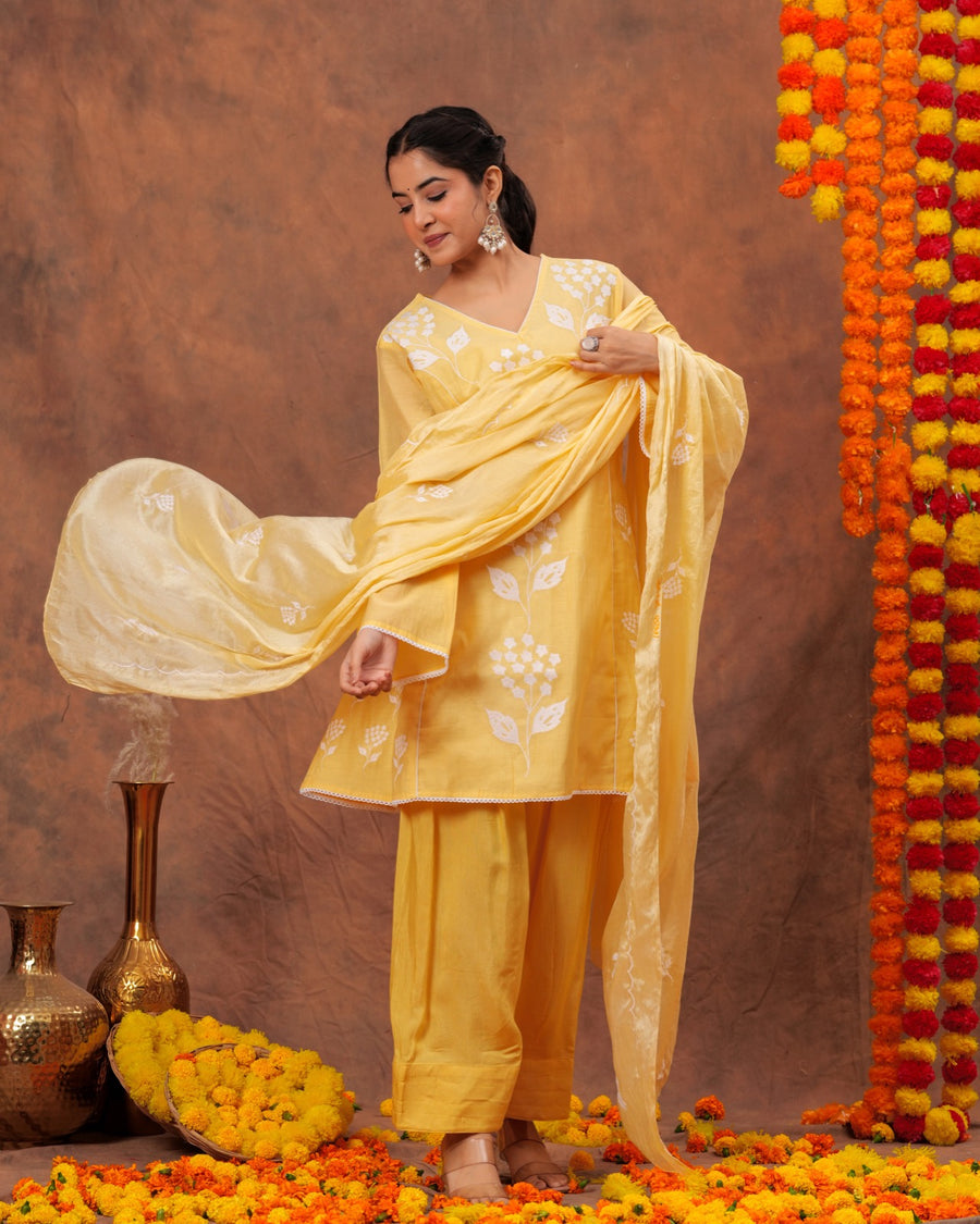 RAJPUTANA CAMISA Women Embroidered Pure Cotton Kurta Palazzo Dupatta Set - Yellow