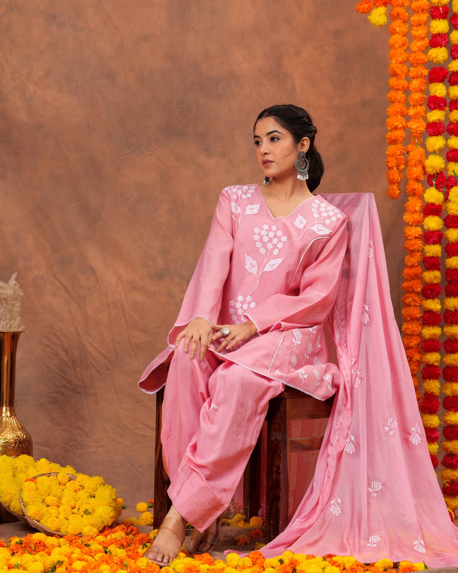RAJPUTANA CAMISA Women Embroidered Pure Cotton Kurta Palazzo Dupatta Set - Peach