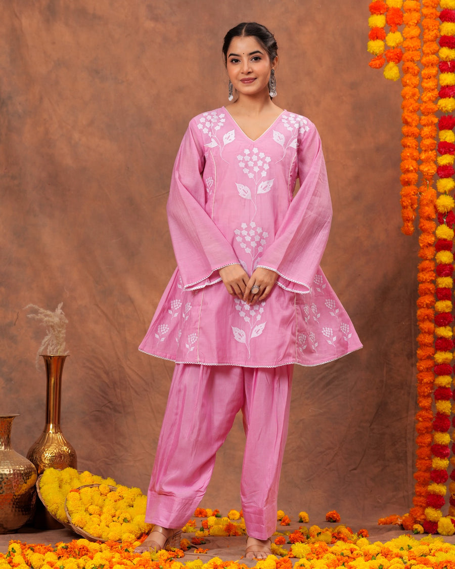 RAJPUTANA CAMISA Women Embroidered Pure Cotton Kurta Palazzo Dupatta Set - Pink