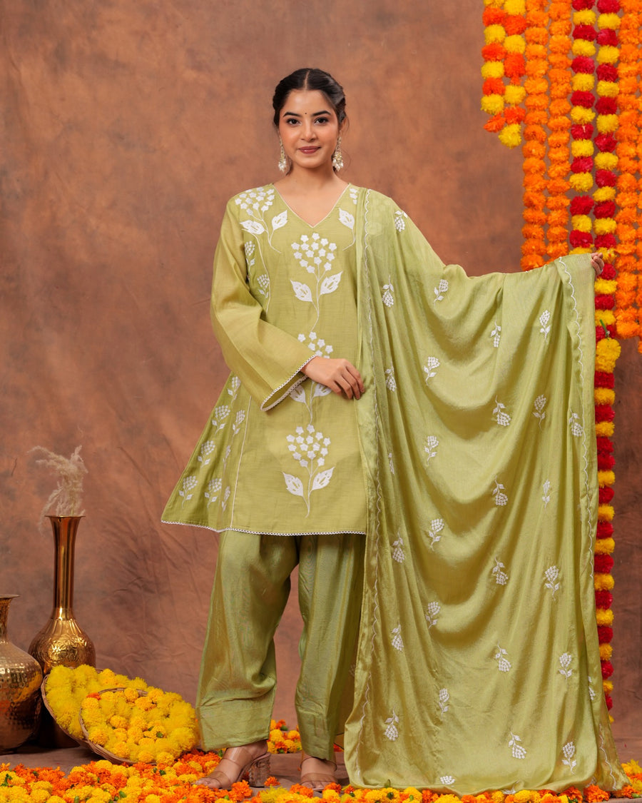 RAJPUTANA CAMISA Women Embroidered Pure Cotton Kurta Palazzo Dupatta Set - Green