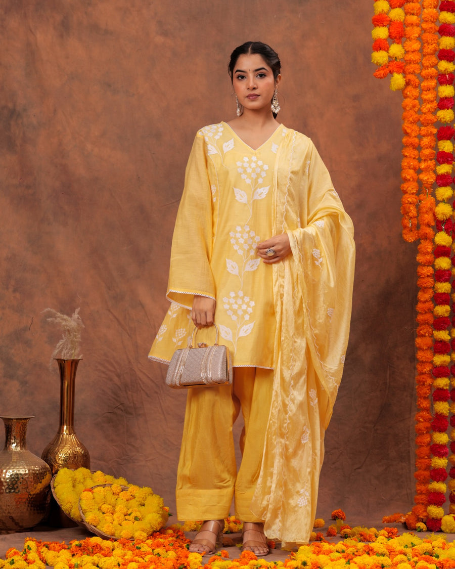 RAJPUTANA CAMISA Women Embroidered Pure Cotton Kurta Palazzo Dupatta Set - Yellow