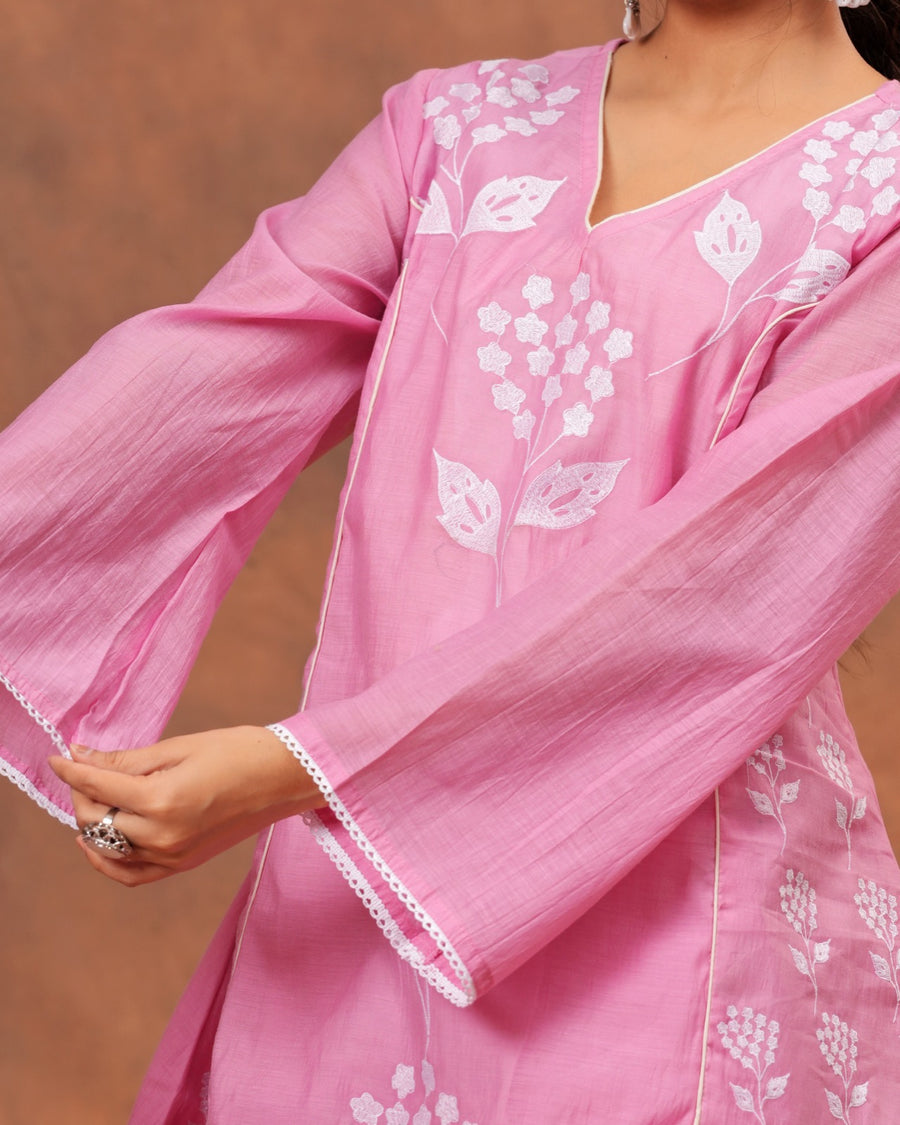 RAJPUTANA CAMISA Women Embroidered Pure Cotton Kurta Palazzo Dupatta Set - Pink