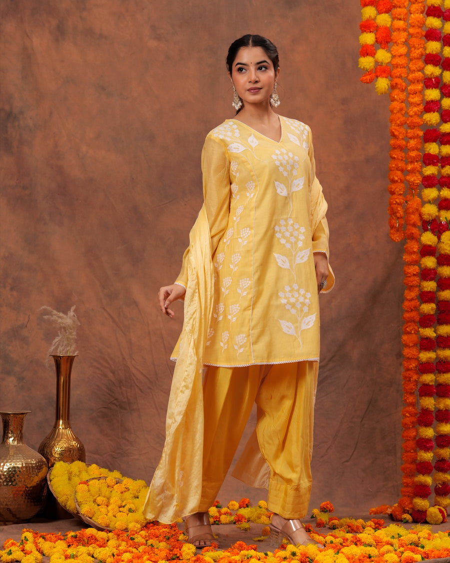 RAJPUTANA CAMISA Women Embroidered Pure Cotton Kurta Palazzo Dupatta Set - Yellow