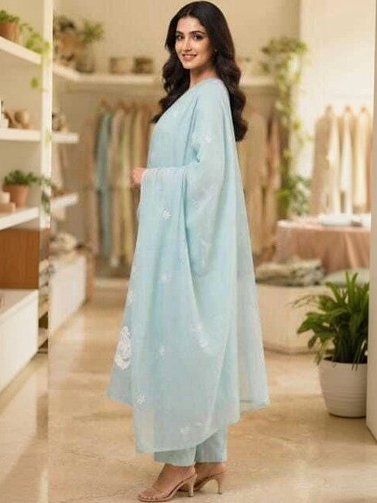 RAJPUTANA CAMISA Women Floral Embroidered Thread Work Chanderi Cotton Kurta with Trousers & Dupatta