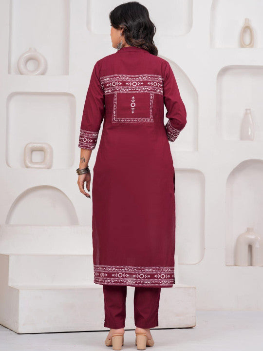 Rajputana Camisa Women Ethnic Motifs Embroidered Pure Cotton Kurta Set Maroon – photo 3