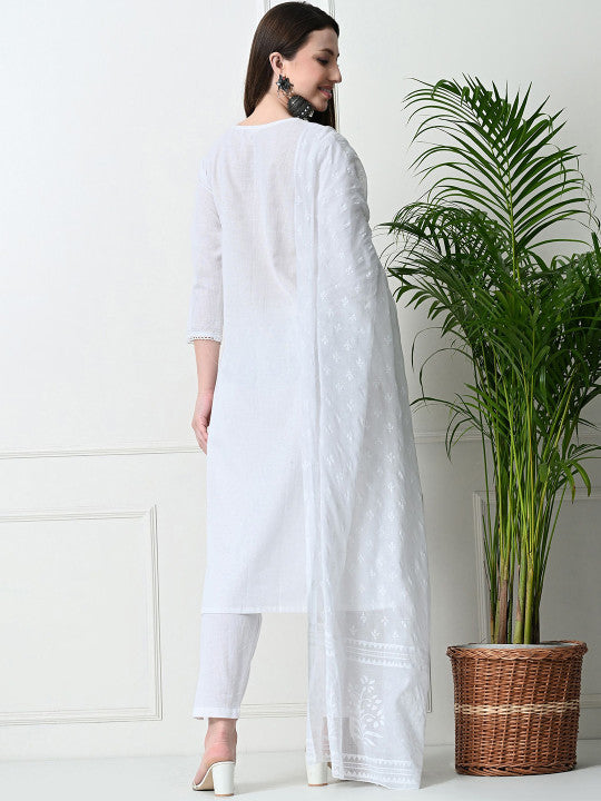 Rajputana Camisa V-Neck Lace Angrakha Pure Cotton Kurta Set