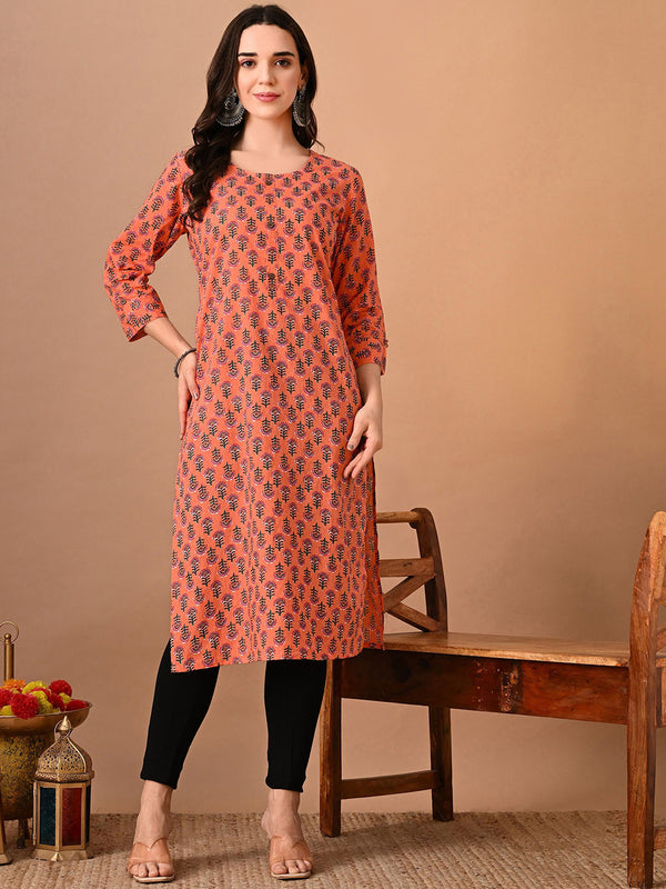 Rajputana Camisa Floral Printed Cotton Regular Straight Kurta