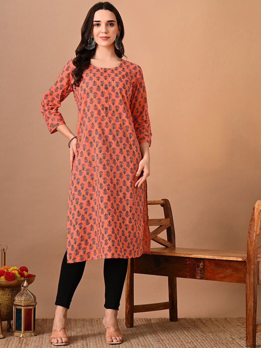 Rajputana Camisa Floral Printed Cotton Regular Straight Kurta