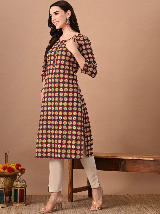 Rajputana Camisa Floral Printed Round Neck Cotton Straight Kurta – photo 4