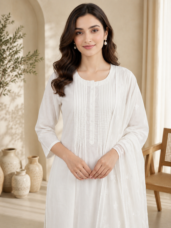 Rajputana Camisa White Cotton Embroidered Kurta Pant Dupatta Set